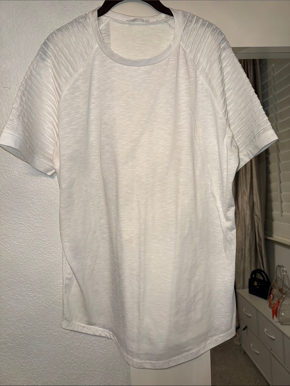 Men's White Short Sleeve Crewneck Tee with Textured Raglan Sleeves